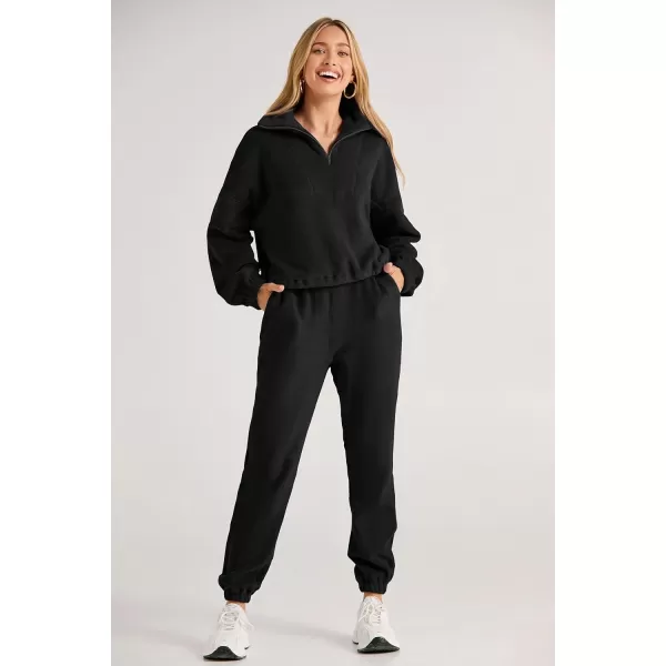 imagePRETTYGARDEN Womens Fall 2 Piece Outfits Fleece Sweatsuits Set Half Zip Cropped Sweatshirt Pullover Sweatpants Y2K TracksuitBlack