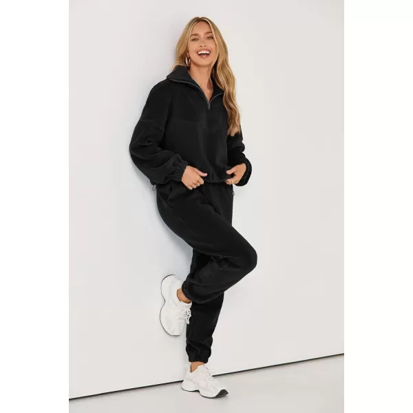 imagePRETTYGARDEN Womens Fall 2 Piece Outfits Fleece Sweatsuits Set Half Zip Cropped Sweatshirt Pullover Sweatpants Y2K TracksuitBlack