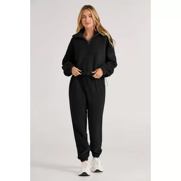 imagePRETTYGARDEN Womens Fall 2 Piece Outfits Fleece Sweatsuits Set Half Zip Cropped Sweatshirt Pullover Sweatpants Y2K TracksuitBlack