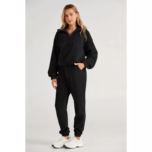 imagePRETTYGARDEN Womens Fall 2 Piece Outfits Fleece Sweatsuits Set Half Zip Cropped Sweatshirt Pullover Sweatpants Y2K TracksuitBlack