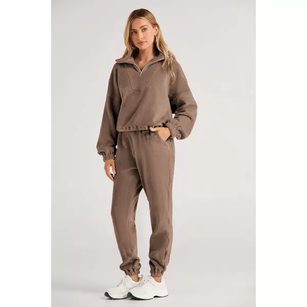 imagePRETTYGARDEN Womens Fall 2 Piece Outfits Fleece Sweatsuits Set Half Zip Cropped Sweatshirt Pullover Sweatpants Y2K TracksuitDark Khaki