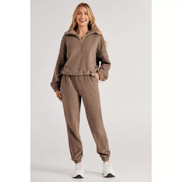 imagePRETTYGARDEN Womens Fall 2 Piece Outfits Fleece Sweatsuits Set Half Zip Cropped Sweatshirt Pullover Sweatpants Y2K TracksuitDark Khaki
