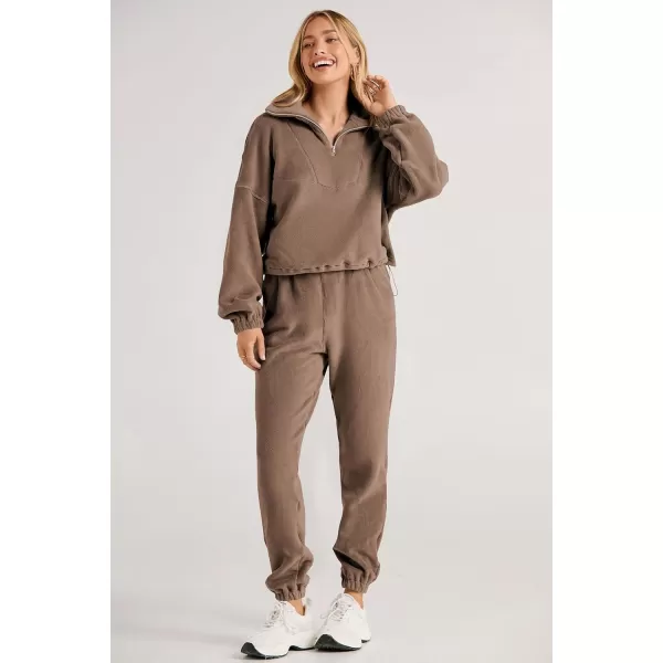 imagePRETTYGARDEN Womens Fall 2 Piece Outfits Fleece Sweatsuits Set Half Zip Cropped Sweatshirt Pullover Sweatpants Y2K TracksuitDark Khaki