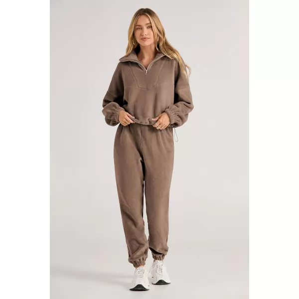 imagePRETTYGARDEN Womens Fall 2 Piece Outfits Fleece Sweatsuits Set Half Zip Cropped Sweatshirt Pullover Sweatpants Y2K TracksuitDark Khaki