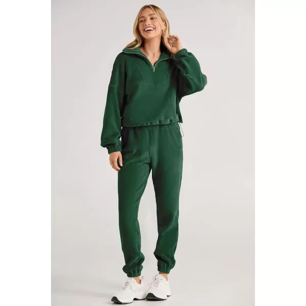 imagePRETTYGARDEN Womens Fall 2 Piece Outfits Fleece Sweatsuits Set Half Zip Cropped Sweatshirt Pullover Sweatpants Y2K TracksuitGreen