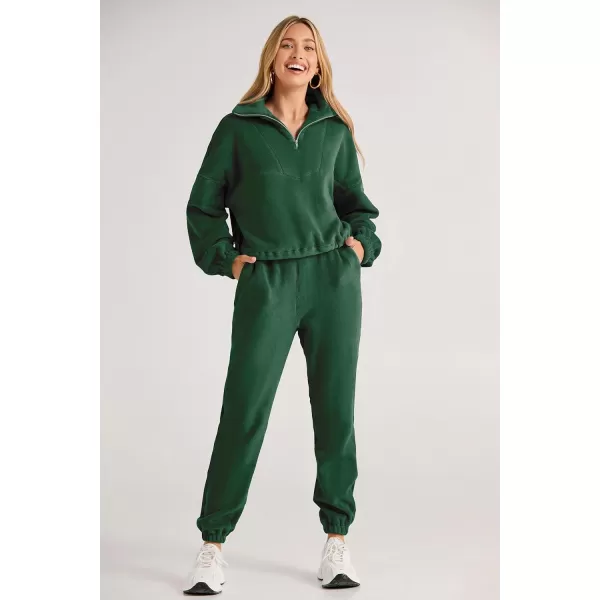 imagePRETTYGARDEN Womens Fall 2 Piece Outfits Fleece Sweatsuits Set Half Zip Cropped Sweatshirt Pullover Sweatpants Y2K TracksuitGreen