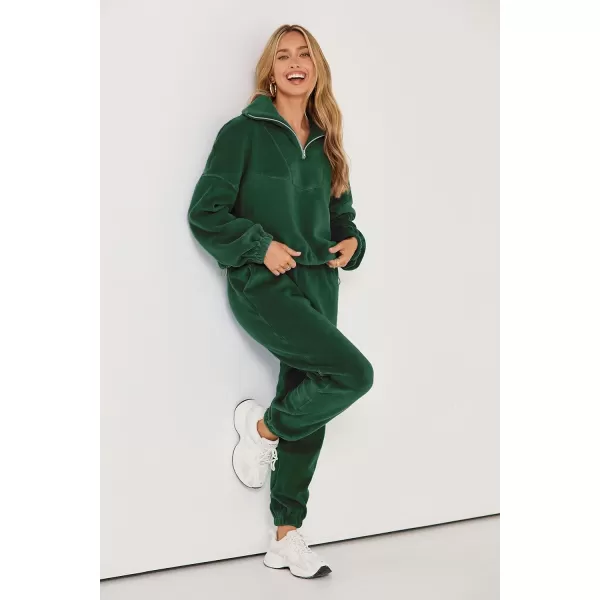 imagePRETTYGARDEN Womens Fall 2 Piece Outfits Fleece Sweatsuits Set Half Zip Cropped Sweatshirt Pullover Sweatpants Y2K TracksuitGreen