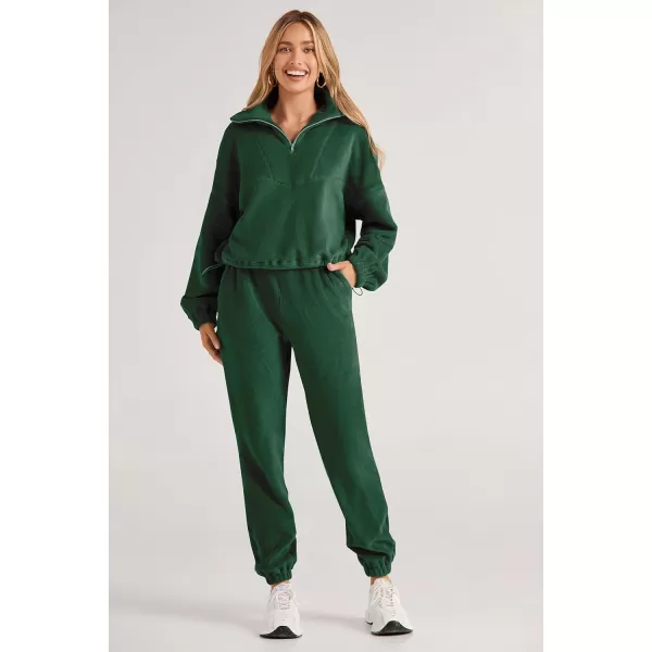 imagePRETTYGARDEN Womens Fall 2 Piece Outfits Fleece Sweatsuits Set Half Zip Cropped Sweatshirt Pullover Sweatpants Y2K TracksuitGreen