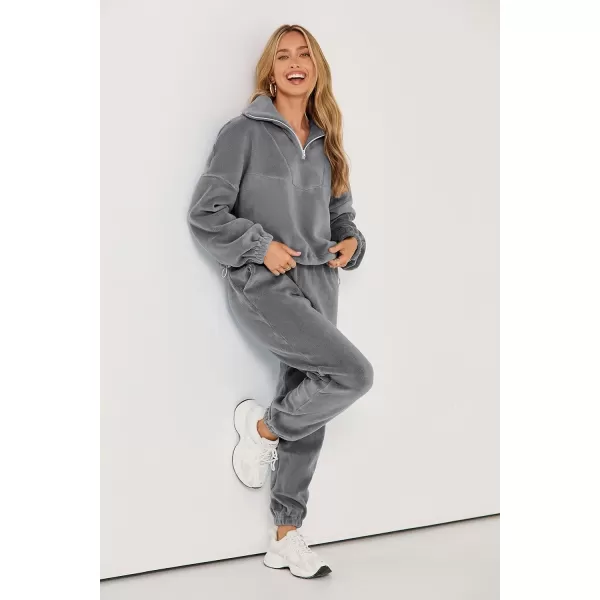 imagePRETTYGARDEN Womens Fall 2 Piece Outfits Fleece Sweatsuits Set Half Zip Cropped Sweatshirt Pullover Sweatpants Y2K TracksuitGrey