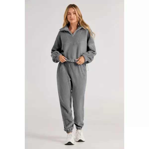 imagePRETTYGARDEN Womens Fall 2 Piece Outfits Fleece Sweatsuits Set Half Zip Cropped Sweatshirt Pullover Sweatpants Y2K TracksuitGrey