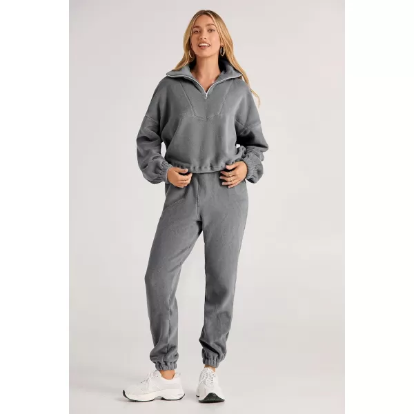 imagePRETTYGARDEN Womens Fall 2 Piece Outfits Fleece Sweatsuits Set Half Zip Cropped Sweatshirt Pullover Sweatpants Y2K TracksuitGrey