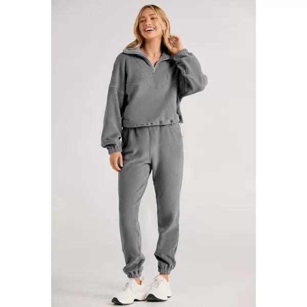 imagePRETTYGARDEN Womens Fall 2 Piece Outfits Fleece Sweatsuits Set Half Zip Cropped Sweatshirt Pullover Sweatpants Y2K TracksuitGrey