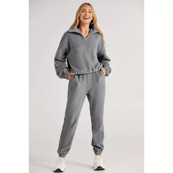 imagePRETTYGARDEN Womens Fall 2 Piece Outfits Fleece Sweatsuits Set Half Zip Cropped Sweatshirt Pullover Sweatpants Y2K TracksuitGrey