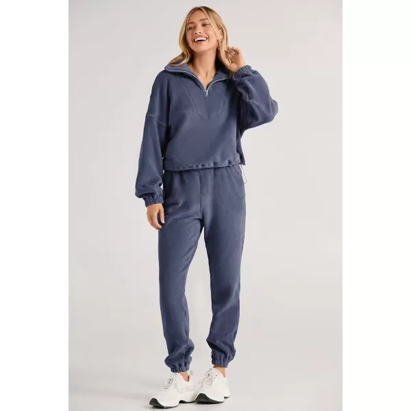 imagePRETTYGARDEN Womens Fall 2 Piece Outfits Fleece Sweatsuits Set Half Zip Cropped Sweatshirt Pullover Sweatpants Y2K TracksuitGrey Blue