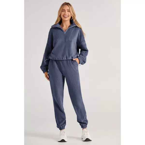 imagePRETTYGARDEN Womens Fall 2 Piece Outfits Fleece Sweatsuits Set Half Zip Cropped Sweatshirt Pullover Sweatpants Y2K TracksuitGrey Blue