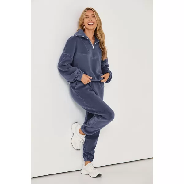 imagePRETTYGARDEN Womens Fall 2 Piece Outfits Fleece Sweatsuits Set Half Zip Cropped Sweatshirt Pullover Sweatpants Y2K TracksuitGrey Blue