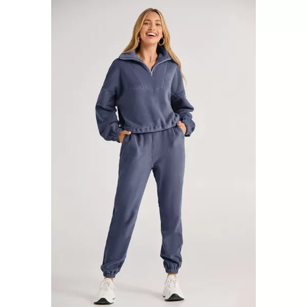 imagePRETTYGARDEN Womens Fall 2 Piece Outfits Fleece Sweatsuits Set Half Zip Cropped Sweatshirt Pullover Sweatpants Y2K TracksuitGrey Blue