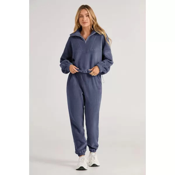 imagePRETTYGARDEN Womens Fall 2 Piece Outfits Fleece Sweatsuits Set Half Zip Cropped Sweatshirt Pullover Sweatpants Y2K TracksuitGrey Blue