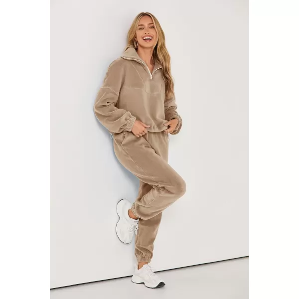 imagePRETTYGARDEN Womens Fall 2 Piece Outfits Fleece Sweatsuits Set Half Zip Cropped Sweatshirt Pullover Sweatpants Y2K TracksuitKhaki