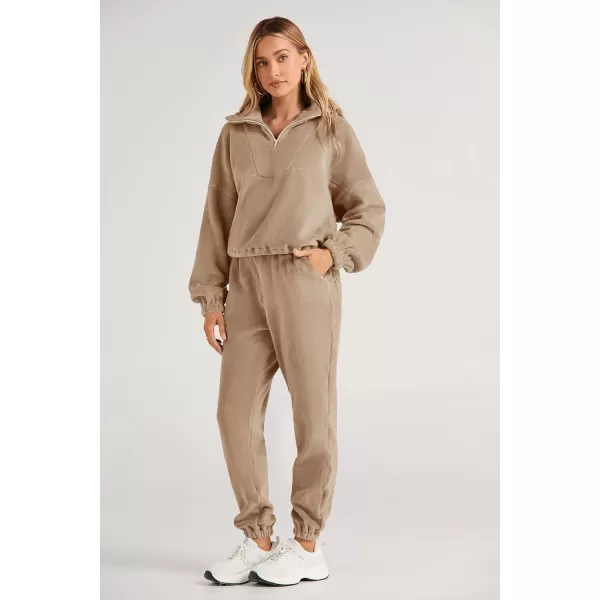 imagePRETTYGARDEN Womens Fall 2 Piece Outfits Fleece Sweatsuits Set Half Zip Cropped Sweatshirt Pullover Sweatpants Y2K TracksuitKhaki