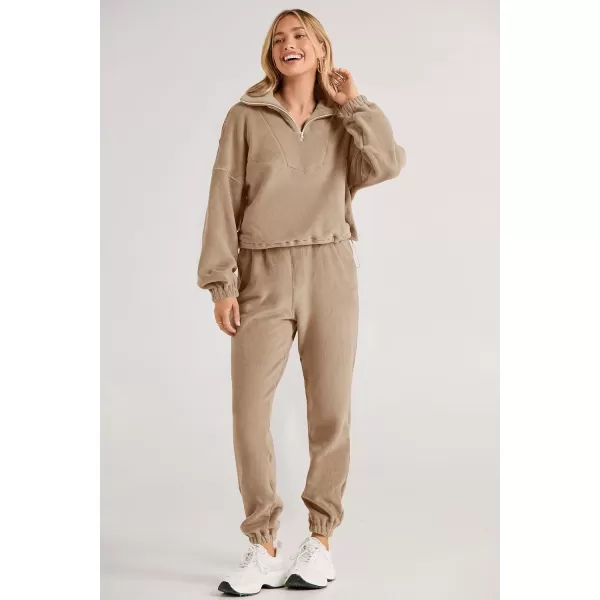 imagePRETTYGARDEN Womens Fall 2 Piece Outfits Fleece Sweatsuits Set Half Zip Cropped Sweatshirt Pullover Sweatpants Y2K TracksuitKhaki