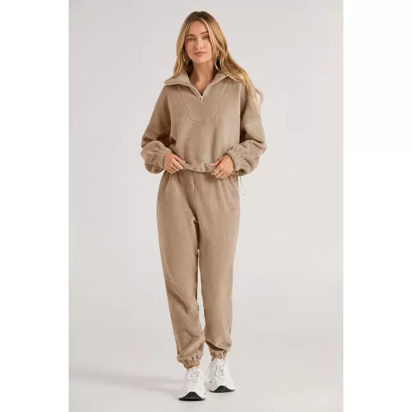 imagePRETTYGARDEN Womens Fall 2 Piece Outfits Fleece Sweatsuits Set Half Zip Cropped Sweatshirt Pullover Sweatpants Y2K TracksuitKhaki