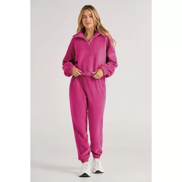 imagePRETTYGARDEN Womens Fall 2 Piece Outfits Fleece Sweatsuits Set Half Zip Cropped Sweatshirt Pullover Sweatpants Y2K TracksuitRose Red