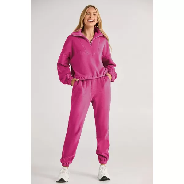 imagePRETTYGARDEN Womens Fall 2 Piece Outfits Fleece Sweatsuits Set Half Zip Cropped Sweatshirt Pullover Sweatpants Y2K TracksuitRose Red