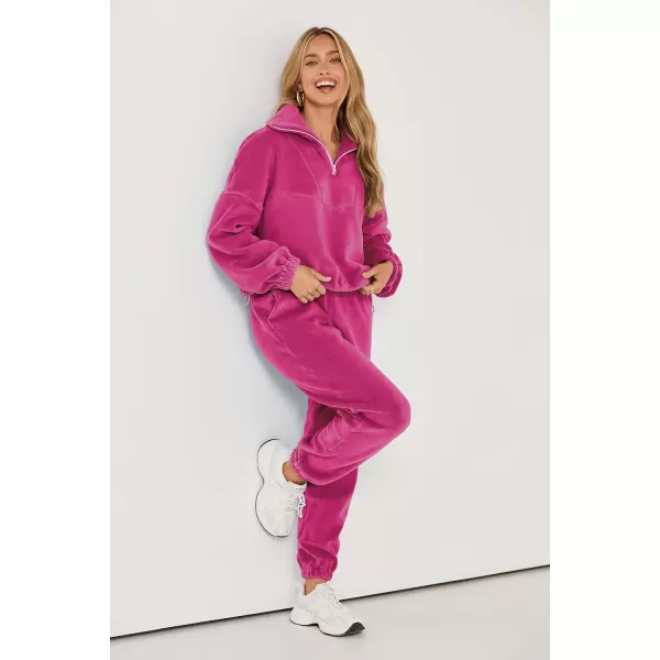 imagePRETTYGARDEN Womens Fall 2 Piece Outfits Fleece Sweatsuits Set Half Zip Cropped Sweatshirt Pullover Sweatpants Y2K TracksuitRose Red