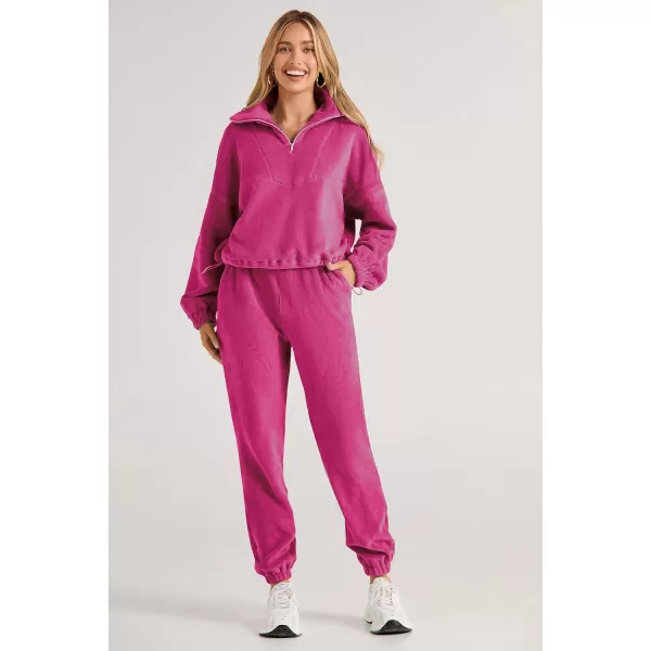 imagePRETTYGARDEN Womens Fall 2 Piece Outfits Fleece Sweatsuits Set Half Zip Cropped Sweatshirt Pullover Sweatpants Y2K TracksuitRose Red