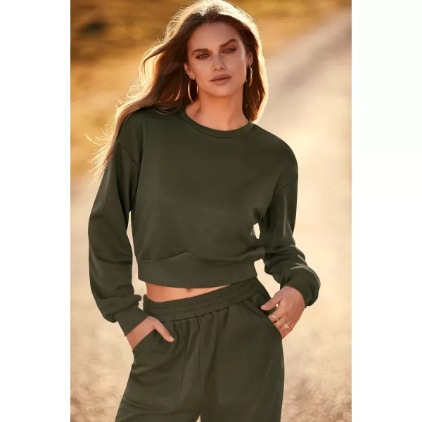 imagePRETTYGARDEN Womens Fall 2 Piece Outfits Sweatsuits Sets Long Sleeve Crop Tops Sweatshirt Wide Leg Cargo Pants with PocketsArmy Green