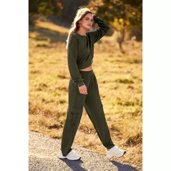 imagePRETTYGARDEN Womens Fall 2 Piece Outfits Sweatsuits Sets Long Sleeve Crop Tops Sweatshirt Wide Leg Cargo Pants with PocketsArmy Green