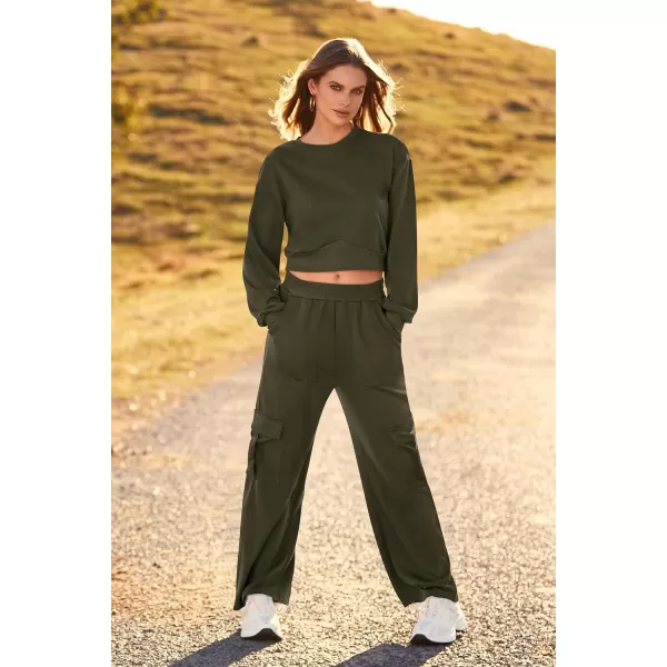 imagePRETTYGARDEN Womens Fall 2 Piece Outfits Sweatsuits Sets Long Sleeve Crop Tops Sweatshirt Wide Leg Cargo Pants with PocketsArmy Green