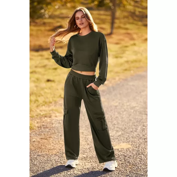 imagePRETTYGARDEN Womens Fall 2 Piece Outfits Sweatsuits Sets Long Sleeve Crop Tops Sweatshirt Wide Leg Cargo Pants with PocketsArmy Green