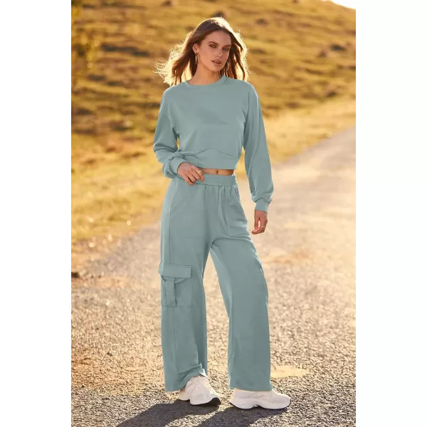imagePRETTYGARDEN Womens Fall 2 Piece Outfits Sweatsuits Sets Long Sleeve Crop Tops Sweatshirt Wide Leg Cargo Pants with PocketsBean Green