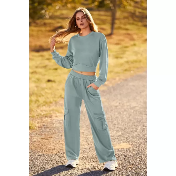 imagePRETTYGARDEN Womens Fall 2 Piece Outfits Sweatsuits Sets Long Sleeve Crop Tops Sweatshirt Wide Leg Cargo Pants with PocketsBean Green