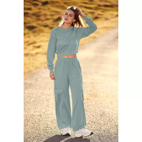 imagePRETTYGARDEN Womens Fall 2 Piece Outfits Sweatsuits Sets Long Sleeve Crop Tops Sweatshirt Wide Leg Cargo Pants with PocketsBean Green