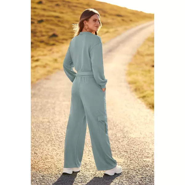 imagePRETTYGARDEN Womens Fall 2 Piece Outfits Sweatsuits Sets Long Sleeve Crop Tops Sweatshirt Wide Leg Cargo Pants with PocketsBean Green