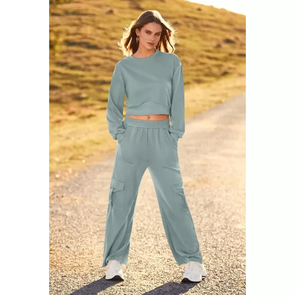 imagePRETTYGARDEN Womens Fall 2 Piece Outfits Sweatsuits Sets Long Sleeve Crop Tops Sweatshirt Wide Leg Cargo Pants with PocketsBean Green