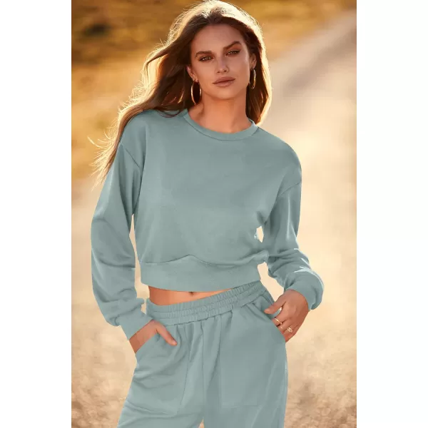 imagePRETTYGARDEN Womens Fall 2 Piece Outfits Sweatsuits Sets Long Sleeve Crop Tops Sweatshirt Wide Leg Cargo Pants with PocketsBean Green