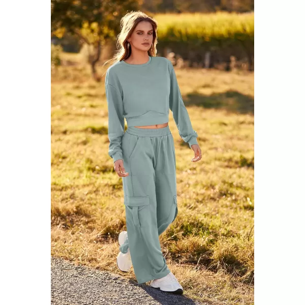 imagePRETTYGARDEN Womens Fall 2 Piece Outfits Sweatsuits Sets Long Sleeve Crop Tops Sweatshirt Wide Leg Cargo Pants with PocketsBean Green