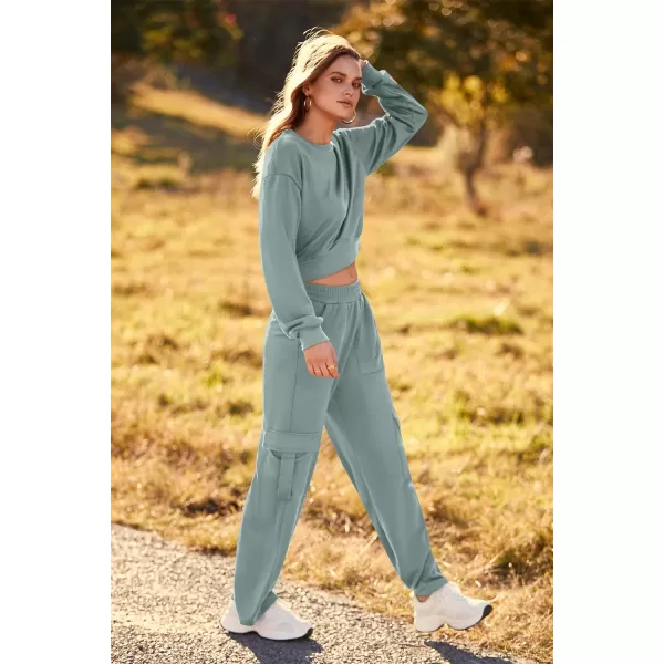 imagePRETTYGARDEN Womens Fall 2 Piece Outfits Sweatsuits Sets Long Sleeve Crop Tops Sweatshirt Wide Leg Cargo Pants with PocketsBean Green