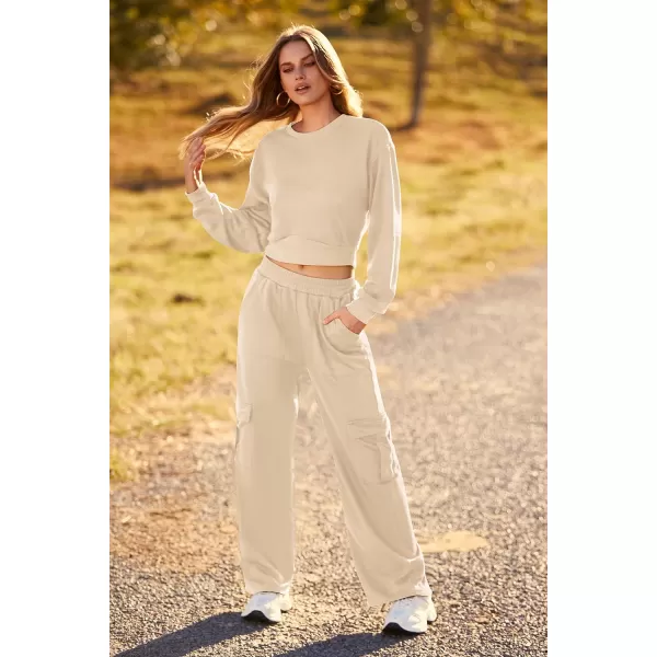imagePRETTYGARDEN Womens Fall 2 Piece Outfits Sweatsuits Sets Long Sleeve Crop Tops Sweatshirt Wide Leg Cargo Pants with PocketsBeige