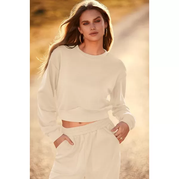 imagePRETTYGARDEN Womens Fall 2 Piece Outfits Sweatsuits Sets Long Sleeve Crop Tops Sweatshirt Wide Leg Cargo Pants with PocketsBeige