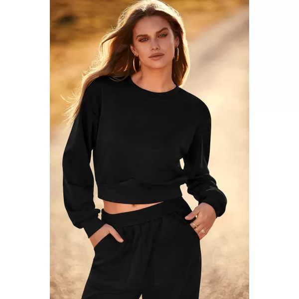 imagePRETTYGARDEN Womens Fall 2 Piece Outfits Sweatsuits Sets Long Sleeve Crop Tops Sweatshirt Wide Leg Cargo Pants with PocketsBlack