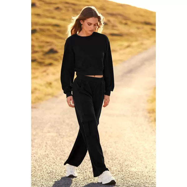 imagePRETTYGARDEN Womens Fall 2 Piece Outfits Sweatsuits Sets Long Sleeve Crop Tops Sweatshirt Wide Leg Cargo Pants with PocketsBlack