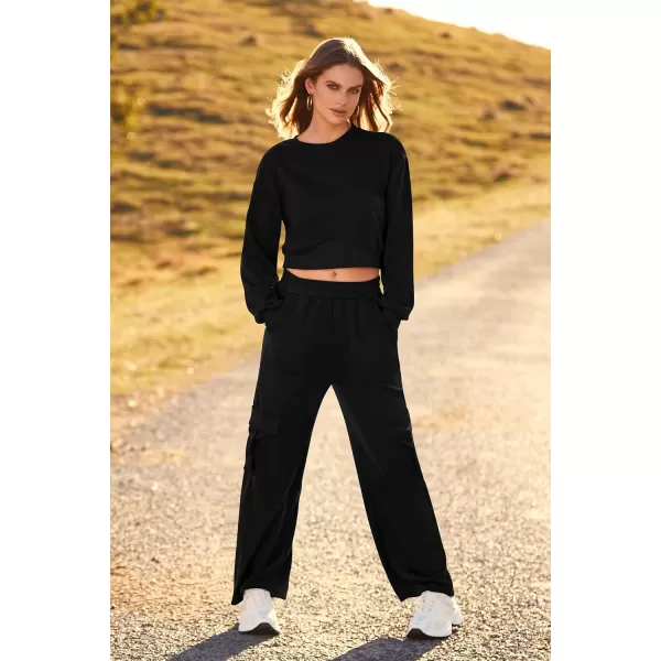 imagePRETTYGARDEN Womens Fall 2 Piece Outfits Sweatsuits Sets Long Sleeve Crop Tops Sweatshirt Wide Leg Cargo Pants with PocketsBlack