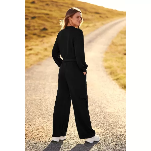 imagePRETTYGARDEN Womens Fall 2 Piece Outfits Sweatsuits Sets Long Sleeve Crop Tops Sweatshirt Wide Leg Cargo Pants with PocketsBlack