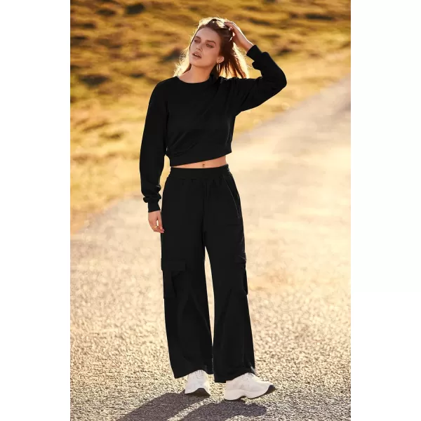 imagePRETTYGARDEN Womens Fall 2 Piece Outfits Sweatsuits Sets Long Sleeve Crop Tops Sweatshirt Wide Leg Cargo Pants with PocketsBlack