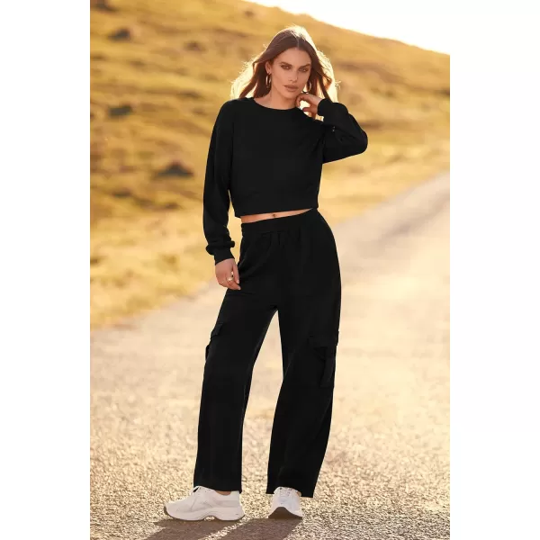 imagePRETTYGARDEN Womens Fall 2 Piece Outfits Sweatsuits Sets Long Sleeve Crop Tops Sweatshirt Wide Leg Cargo Pants with PocketsBlack